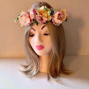 Garden Floral Head Wreath, faux flowers, on Finished Wire Base, Ribbon B…